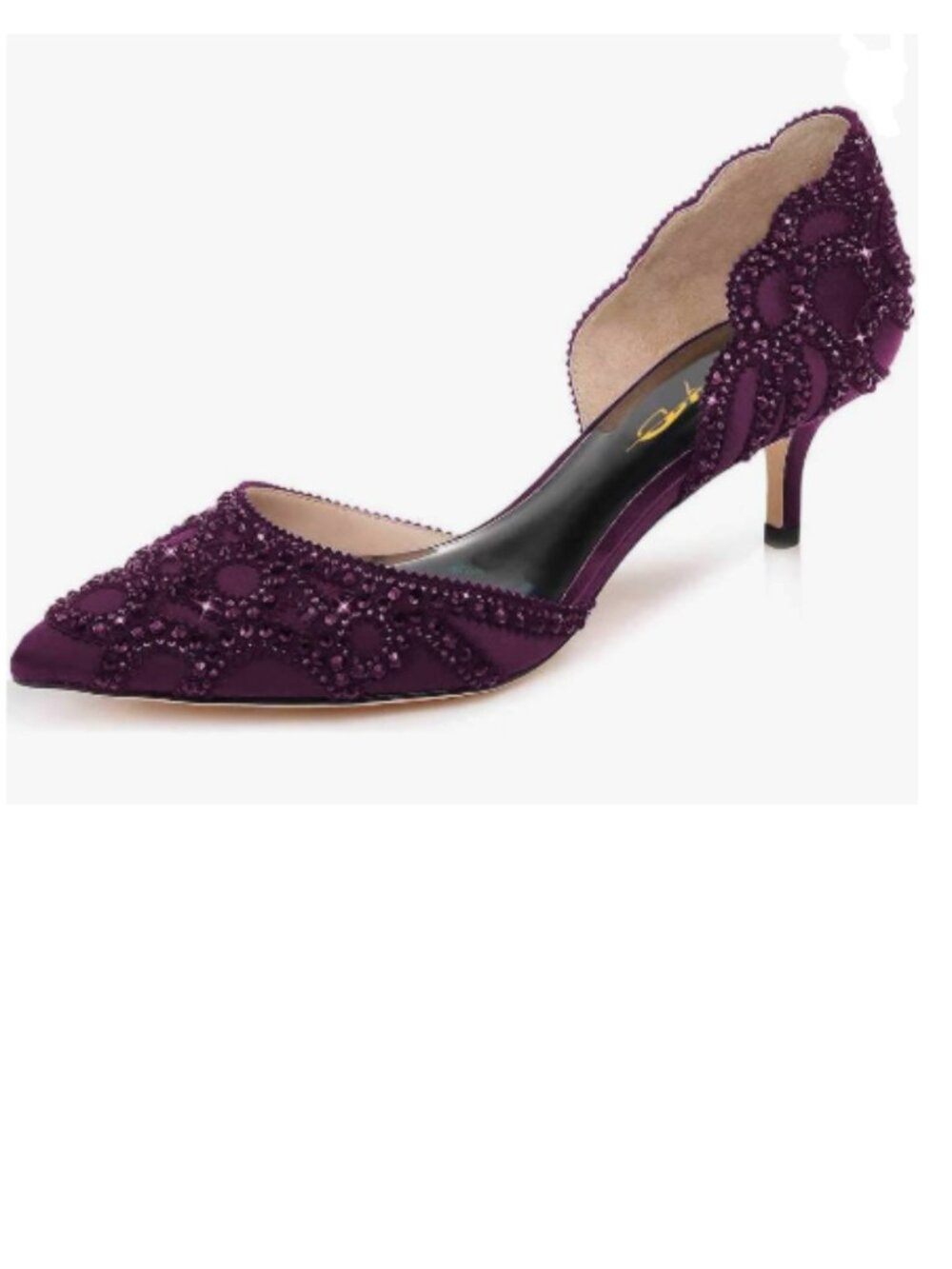 XYD Dark Purple Pump Pointed Toe, D'Orsay Kitten Heels, Rhinestone Shoes